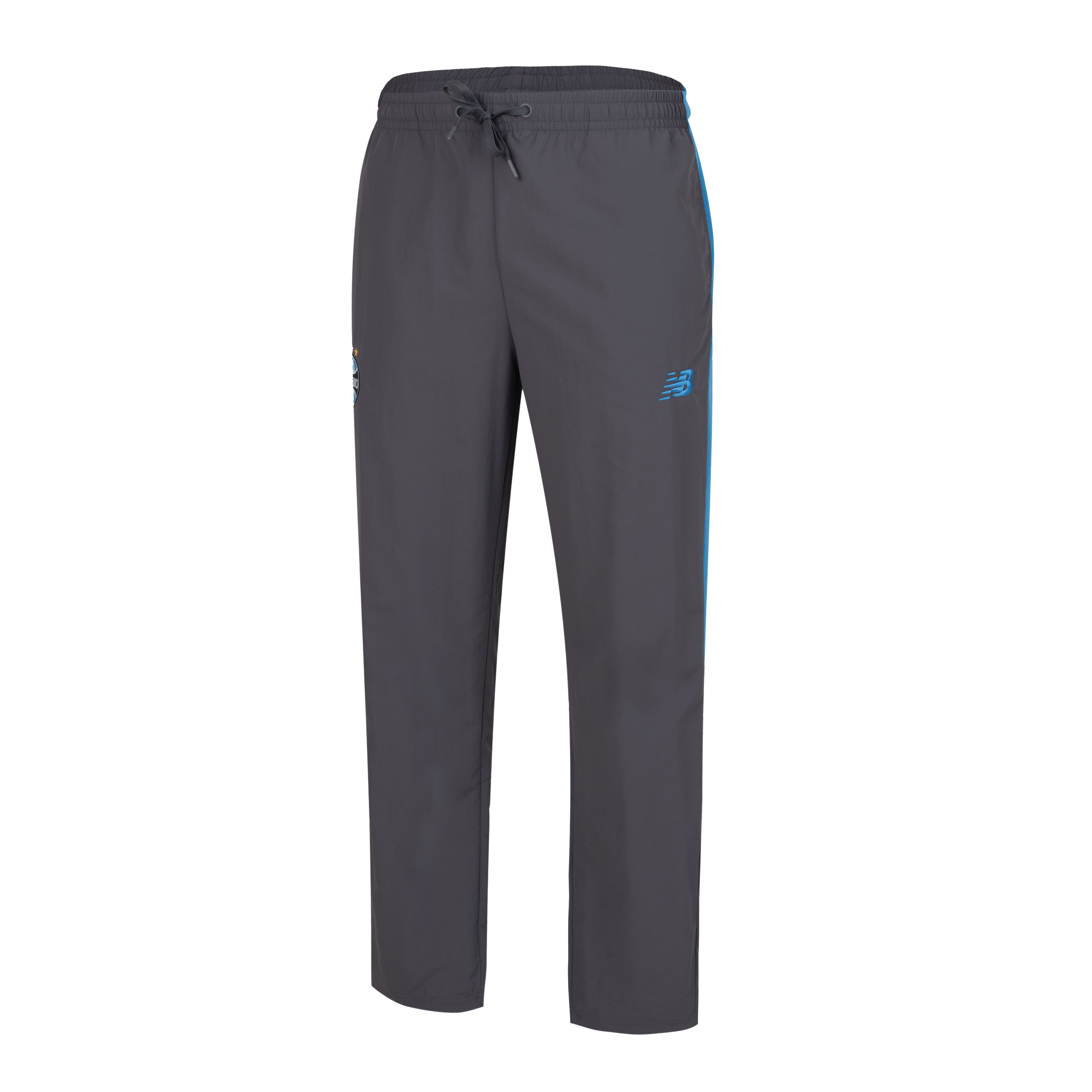 Calça masculina New Balance cinza com detalhes em azul vista frontal